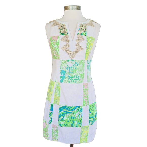 Lilly Pulitzer Janice Mini Dress Size 2 Gold Lace Lioness Patchwork - Picture 2 of 10